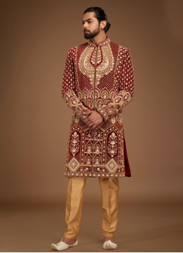 Wedding Wear Maroon Embroidered Sherwani In Velvet