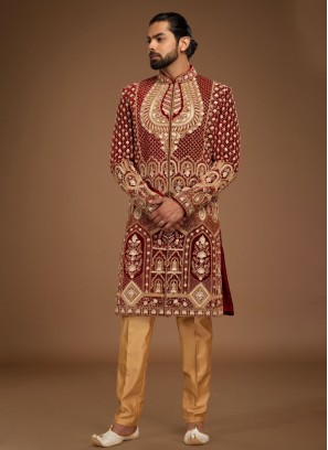 Wedding Wear Maroon Embroidered Sherwani In Velvet