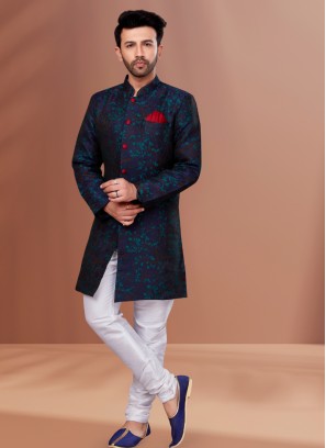 Wedding Wear Navy Blue Indowestern Set