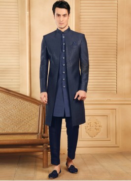 Wedding Wear Navy Blue Jacket Style Indowestern