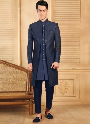 Wedding Wear Navy Blue Jacket Style Indowestern