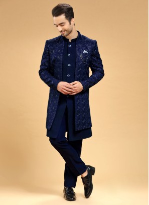 Wedding Wear Navy Blue Jacket Style Indowestern In Raw Silk