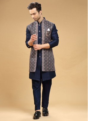 Wedding Wear Navy Blue Nehru Jacket Set In Silk