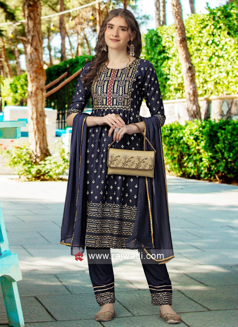 Navy Blue Silk Pakistani Suit 268494