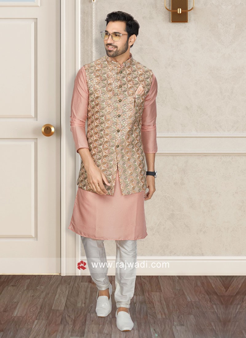 Wedding Wear Nehru Jacket Suit In Peach Color