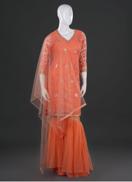 Peach Net Fabric Festive Sharara Suit