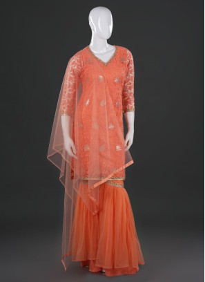 Peach Net Fabric Festive Sharara Suit