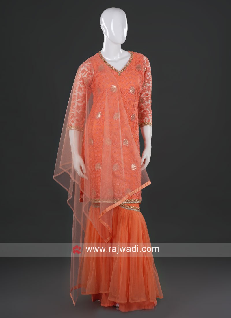 Off White Color Net Embroidered Straight Sharara Suit | IndiAttire