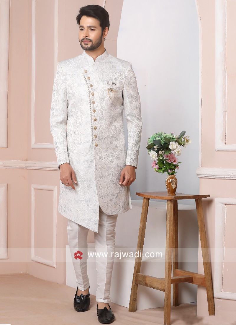 Wedding Wear Off White Woven Men Indowestern