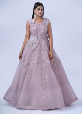 Onion Pink Wedding Wear Sequins Embellished Gown