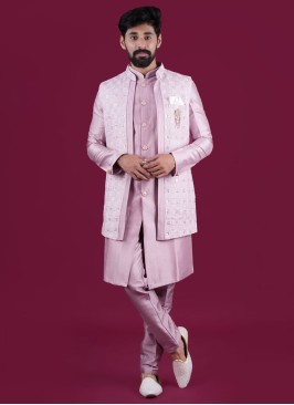 Wedding Wear Onion Pink Nehru Jacket In Raw Silk