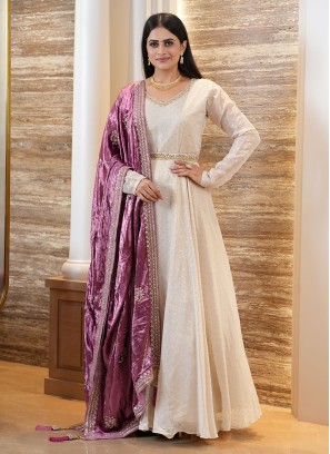 Beige Shimmer Silk Anarkali Dress With Dupatta