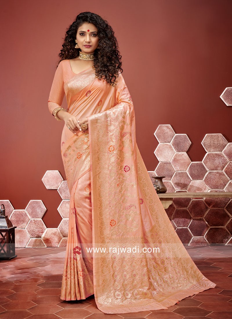 Organza Net Peach Color Digital Print Work Traditional Function Wear Saree  Blouse - 708417