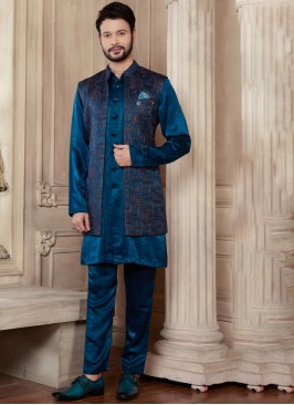 Wedding Wear Peacock Blue Nehru Jacket Set