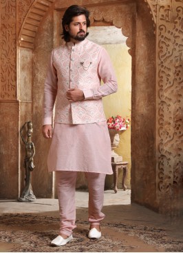 Wedding Wear Pink Embroidered Nehru Jacket Set