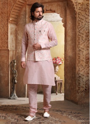 Wedding Wear Pink Embroidered Nehru Jacket Set