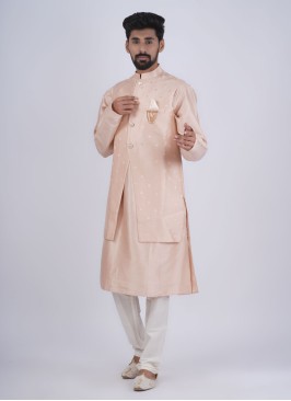 Wedding Wear Pink Nehru Jacket Set In Silk Fabric