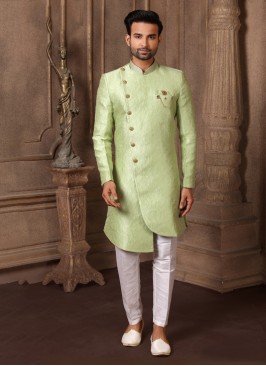 Wedding Wear Pista Green Jacquard Silk Indowestern Set