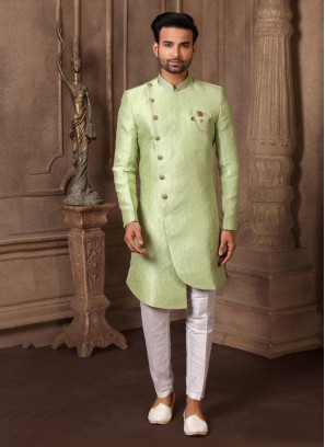 Wedding Wear Pista Green Jacquard Silk Indowestern Set