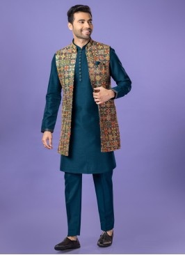 Wedding Wear Rama Green Embroidered Nehru Jacket Set