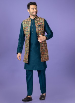 Wedding Wear Rama Green Embroidered Nehru Jacket Set