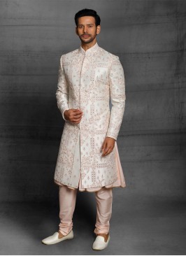 Wedding Wear Raw Silk Anarkali Style Sherwani