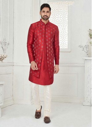 Wedding Wear Red And Off White Jacket Style Indowestern
