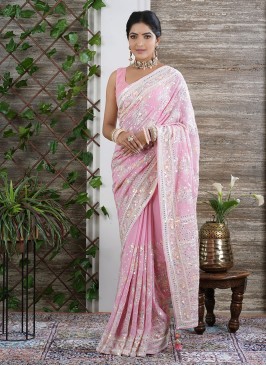 Wedding Wear Resham Work Pink Chiffon Saree