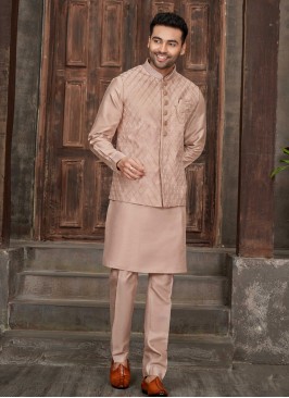 Wedding Wear Rose Gold Nehru Jacket Set