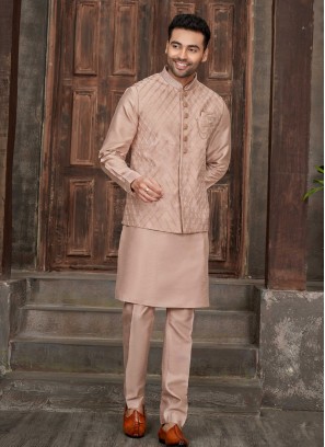 Wedding Wear Rose Gold Nehru Jacket Set