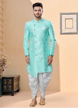 Wedding Wear Sea Green Color Indowestern Set