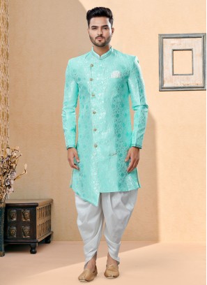 Wedding Wear Sea Green Color Indowestern Set