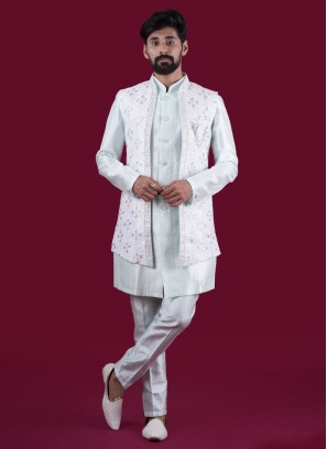 Wedding Wear Sea Green Nehru Jacket Set In Silk