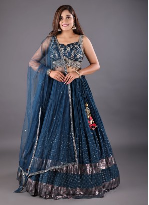 Wedding Wear Sequins Lehenga Choli In Rama Blue Color