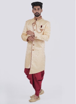 Wedding Wear Silk Cream Sherwani For Men