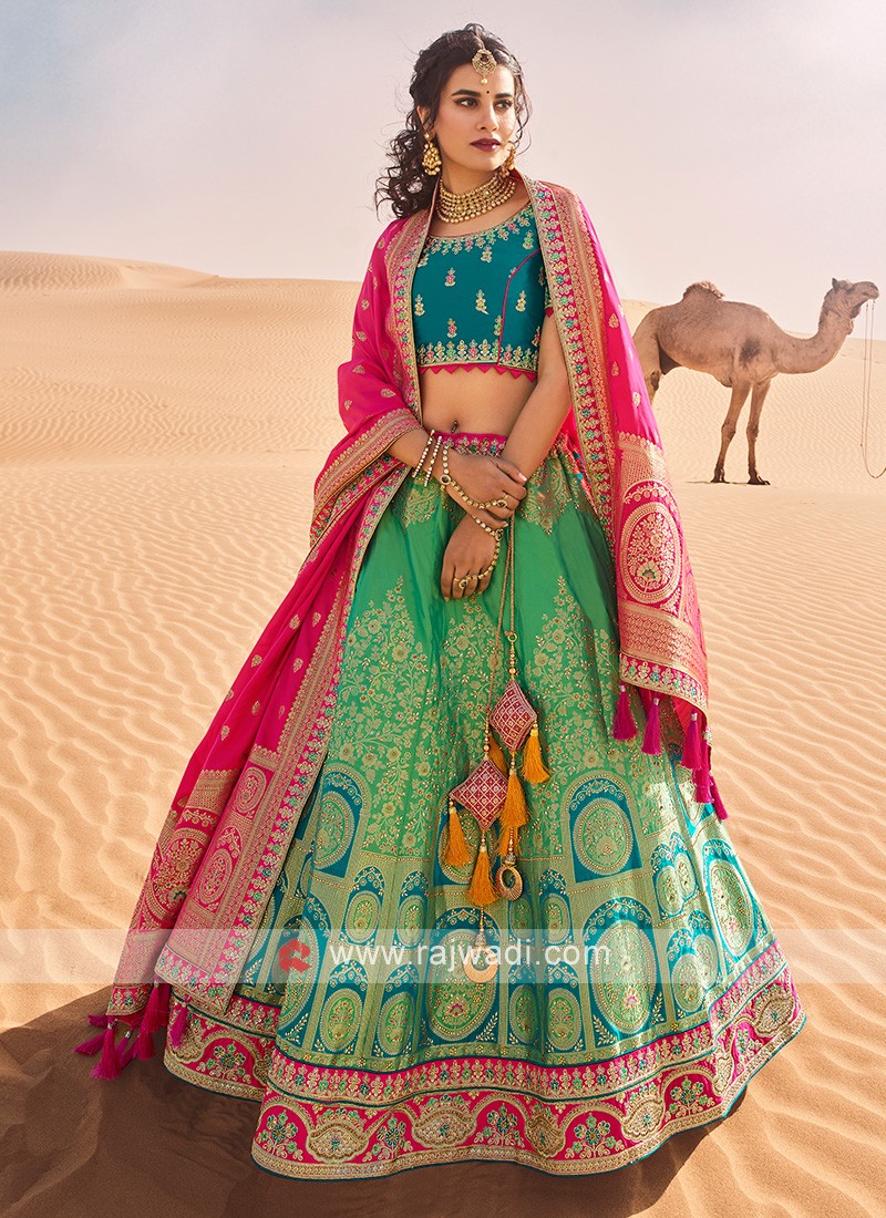 Spring Green & Blue Lehenga With Heavy Embroidery – Zari Banaras