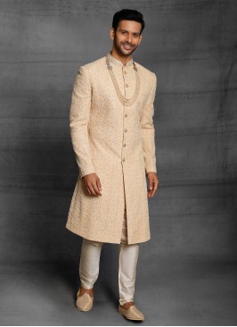 Wedding Wear Silk Sherwani In Golden Color