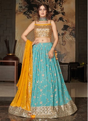 Buy Dark Green And Yellow Multicoloured Embroidered Lehenga Choli In USA,  UK, Canada, Australia, Newzeland online