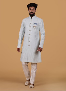 Wedding Wear Sky Blue Embroidered Indowestern Set