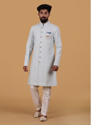 Wedding Wear Sky Blue Embroidered Indowestern Set