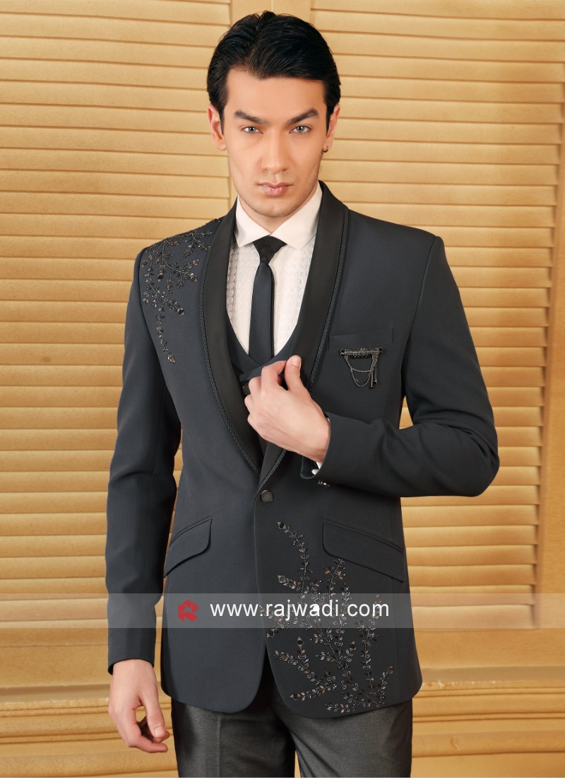 Wedding Wear Suit In Dark Grey Color