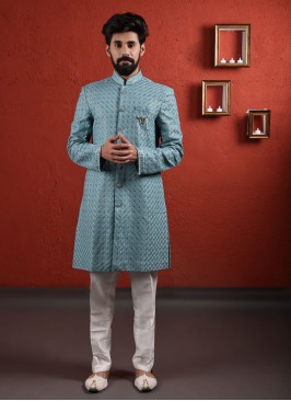 Wedding Wear Teal Blue Indowestern In Art Silk