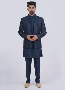 Wedding Wear Teal Blue Jacket Style Indowestern