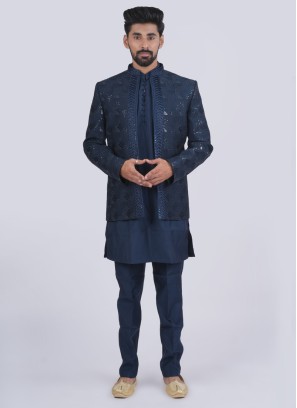 Wedding Wear Teal Blue Jacket Style Indowestern