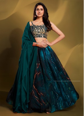 Wedding Wear Teal Blue Organza Lehenga Choli