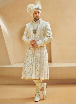 Wedding Wear Thread Work Anarkali Sherwani In Cream Color