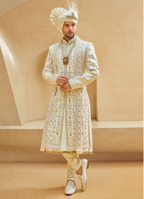 Wedding Wear Thread Work Anarkali Sherwani In Cream Color