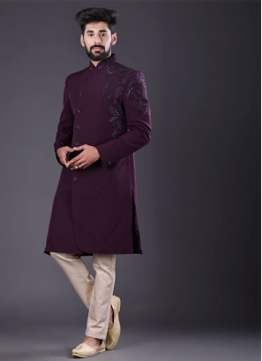 Wedding Wear Wine Color Indowestern