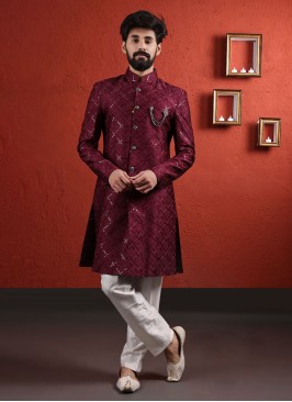 Wedding Wear Wine Color Indowestern With Trouser