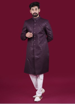 Wedding Wear Wine Indowestern In Silk